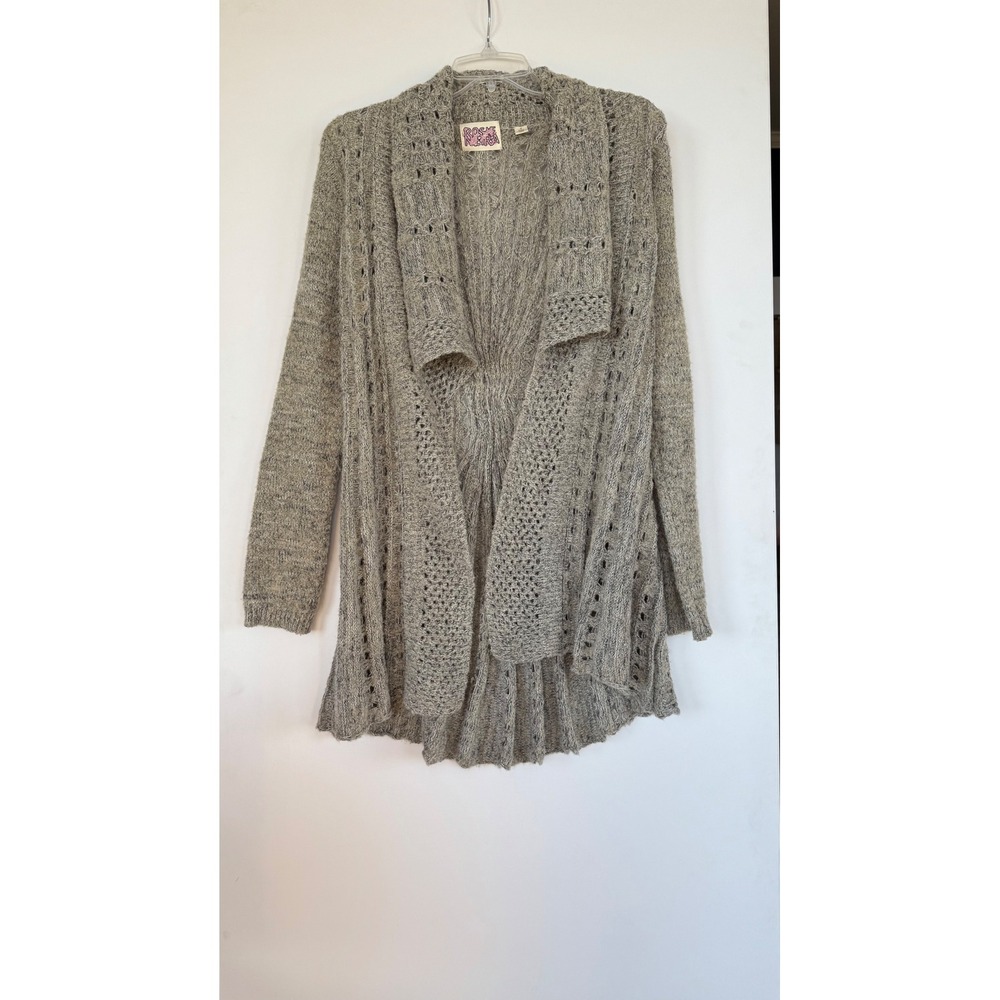 Anthropologie‎ Tiered Cardigan Open Knit Sweater M Taupe Gray Wool Blend Boho